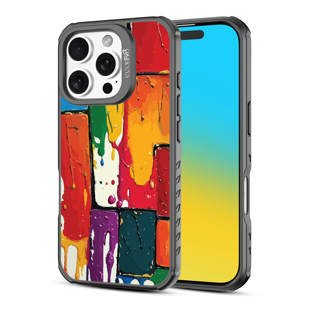 Front and back view of iPhone 16 Pro case, clear, sustainable phone case with black ridges, Color Me Mine design