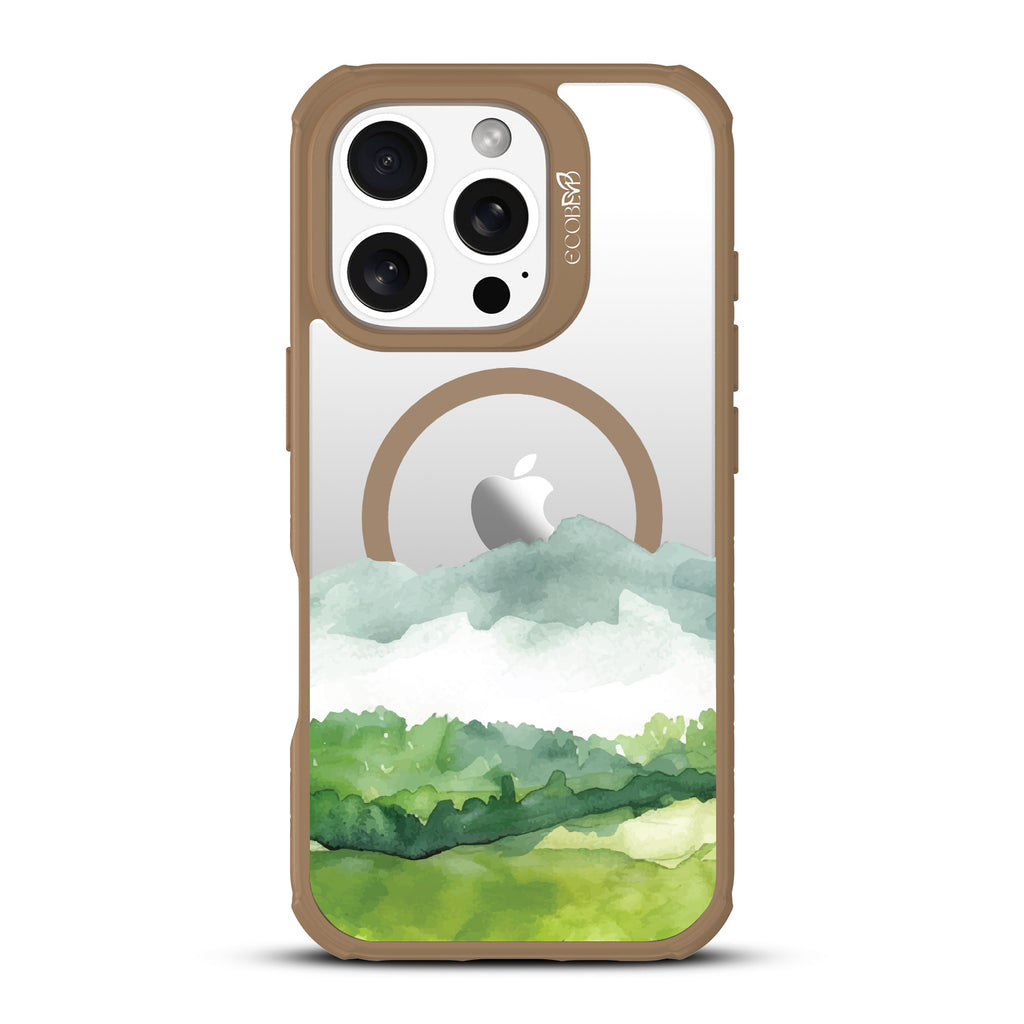 iPhone 16 Pro case, clear, sustainable phone case with brown ridges, back view, Open Horizon design