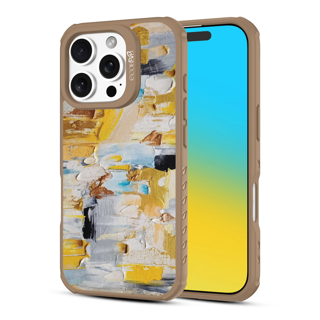 Front and back view of iPhone 16 Pro case, clear, sustainable phone case with brown ridges, Lighten Up design
