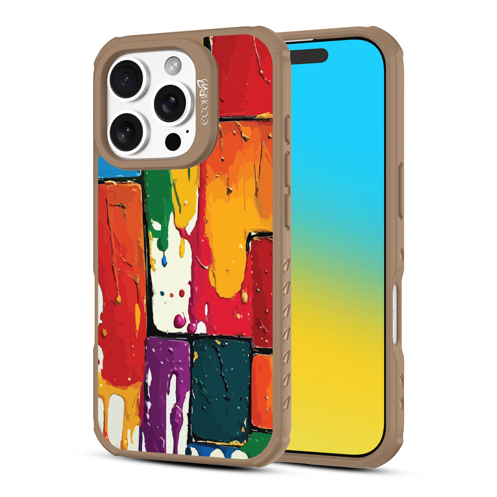 Front and back view of iPhone 16 Pro case, clear, sustainable phone case with brown ridges, Color Me Mine design