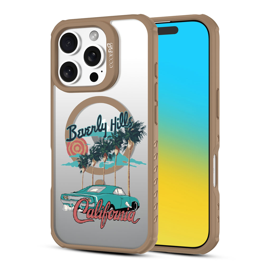 Front and back view of iPhone 16  Pro case, clear, sustainable phone case with brown ridges, 90210 design