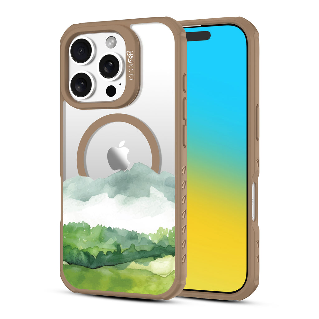 Front and back view of iPhone 16 Pro case, clear, sustainable phone case with brown ridges, Open Horizon design