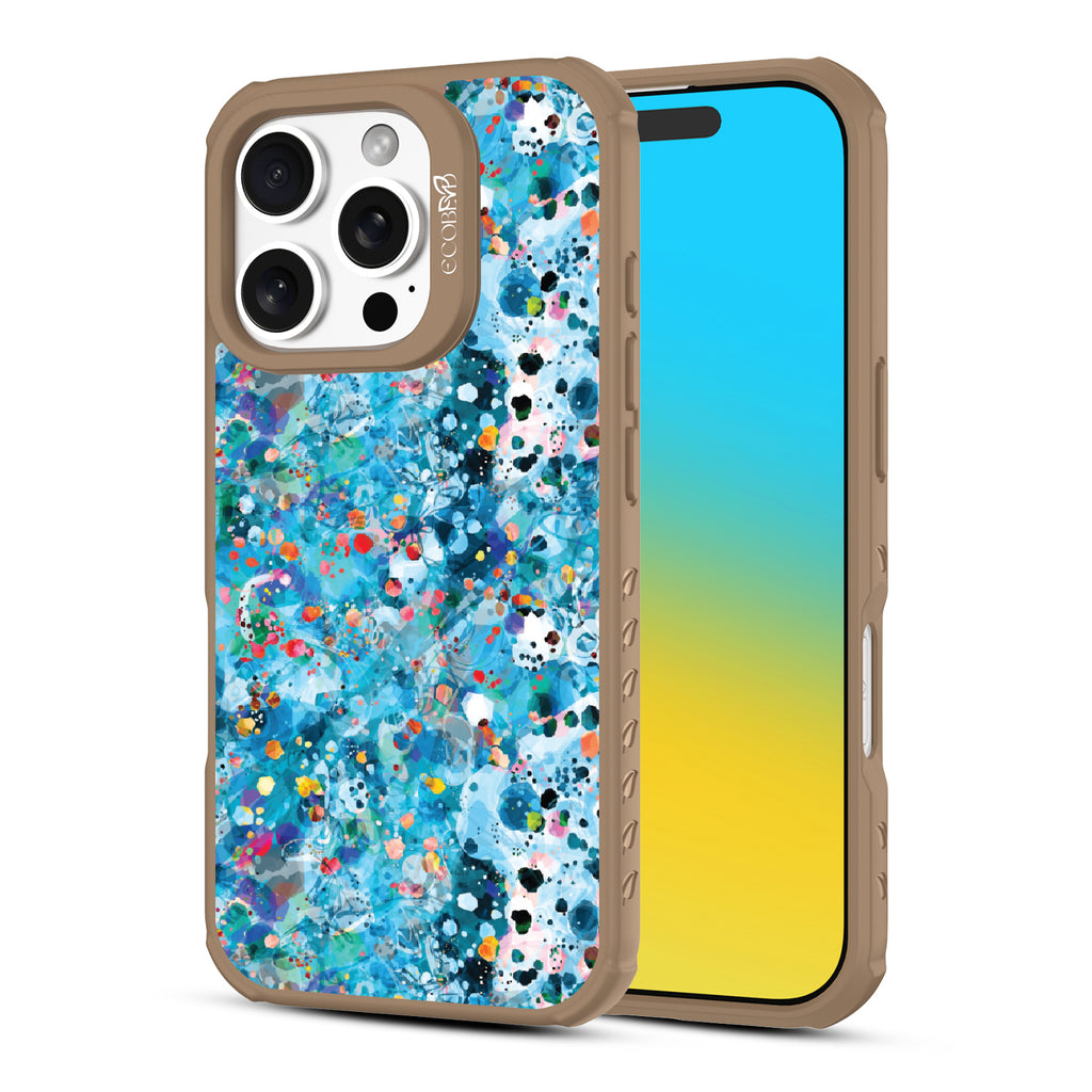 Front and back view of iPhone 16 case, clear, sustainable phone case with brown ridges, Brushed By The Tide design