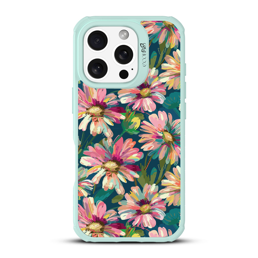 iPhone 16 Pro case, clear, sustainable phone case with green ridges, back view, Diasy Dusk design