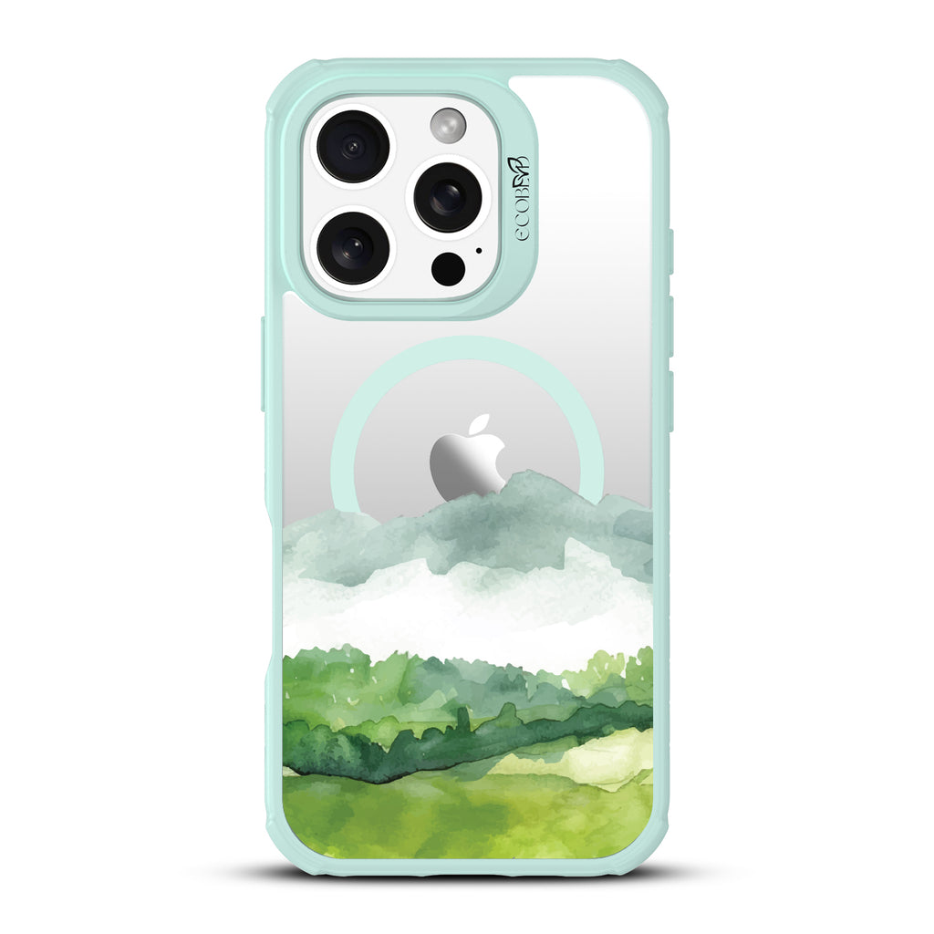 iPhone 16 Pro case, clear, sustainable phone case with green ridges, back view, Open Horizon design