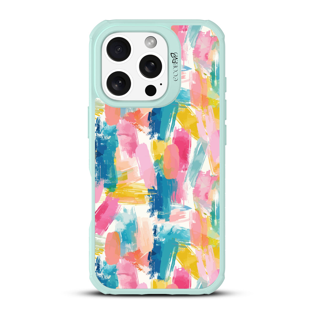 iPhone 16 Pro case, clear, sustainable phone case with green ridges, back view, Blurred Beauty design