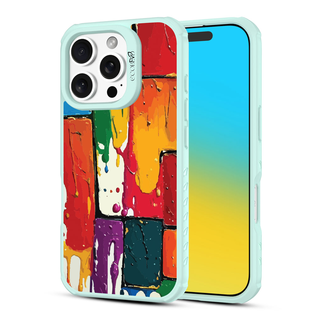 Front and back view of iPhone 16 Pro case, clear, sustainable phone case with green ridges, Color Me Mine design