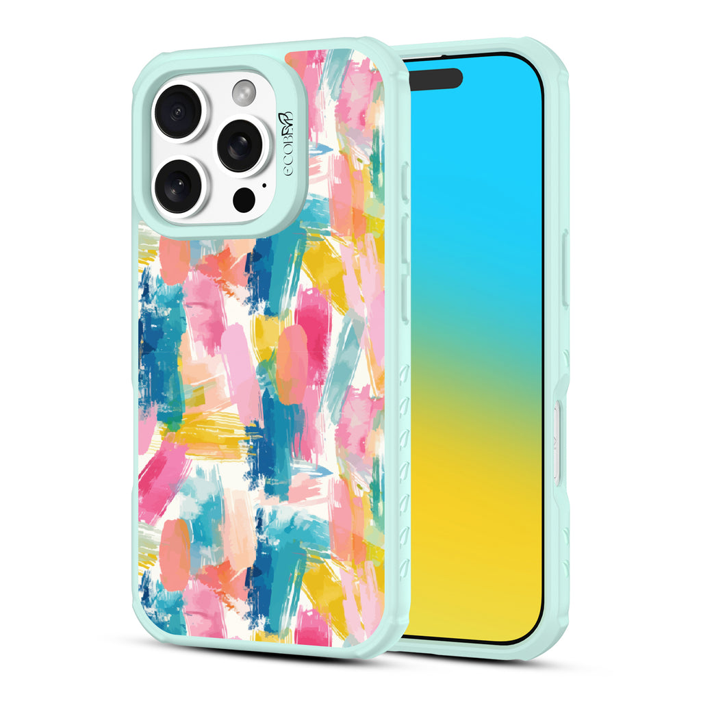 Front and back view of iPhone 16 Pro case, clear, sustainable phone case with green ridges, Blurred Beauty  design