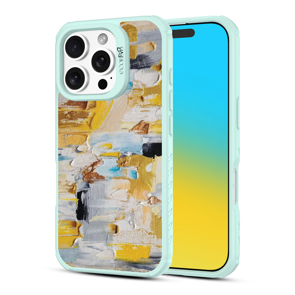 Front and back view of iPhone 16 Pro case, clear, sustainable phone case with green ridges, Lighten Up design