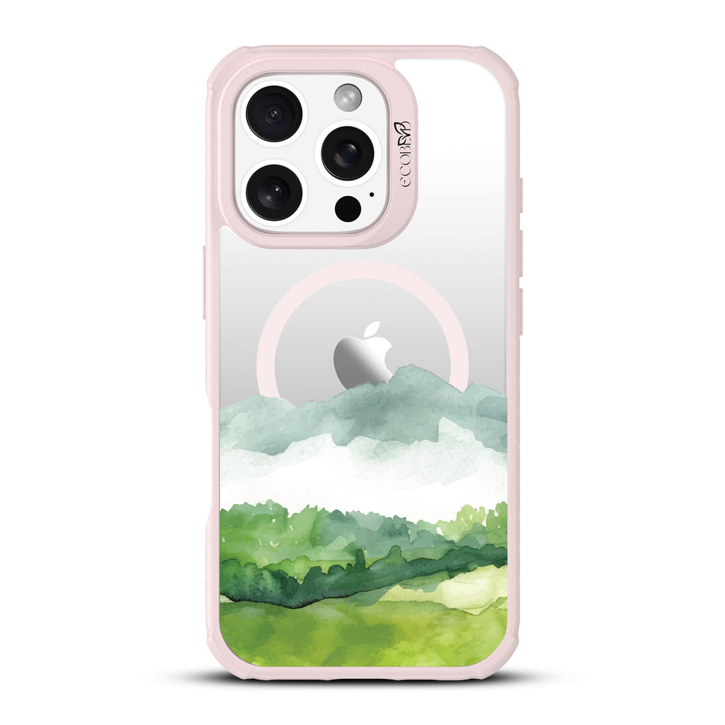 iPhone 16 Pro case, clear, sustainable phone case with pink ridges, back view, Open Horizon design