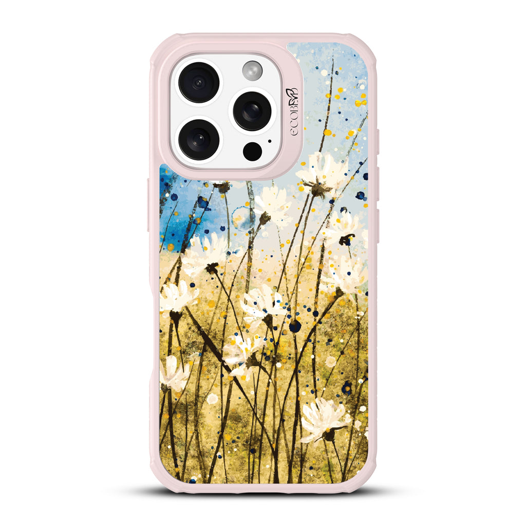 iPhone 16 Pro case, clear, sustainable phone case with pink ridges, back view, Dandelion Dance design