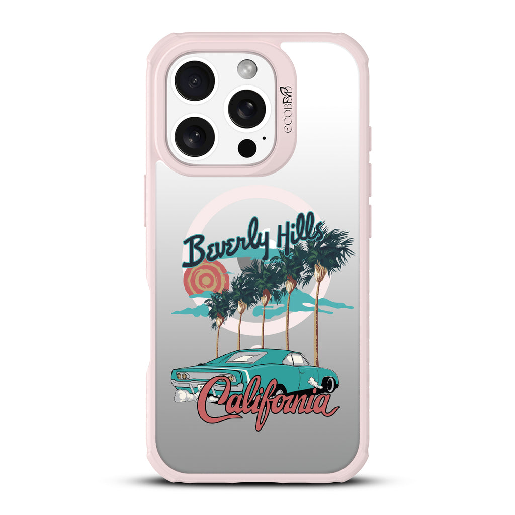 iPhone 16 Pro case, clear, sustainable phone case with pink ridges, back view, 90210 design