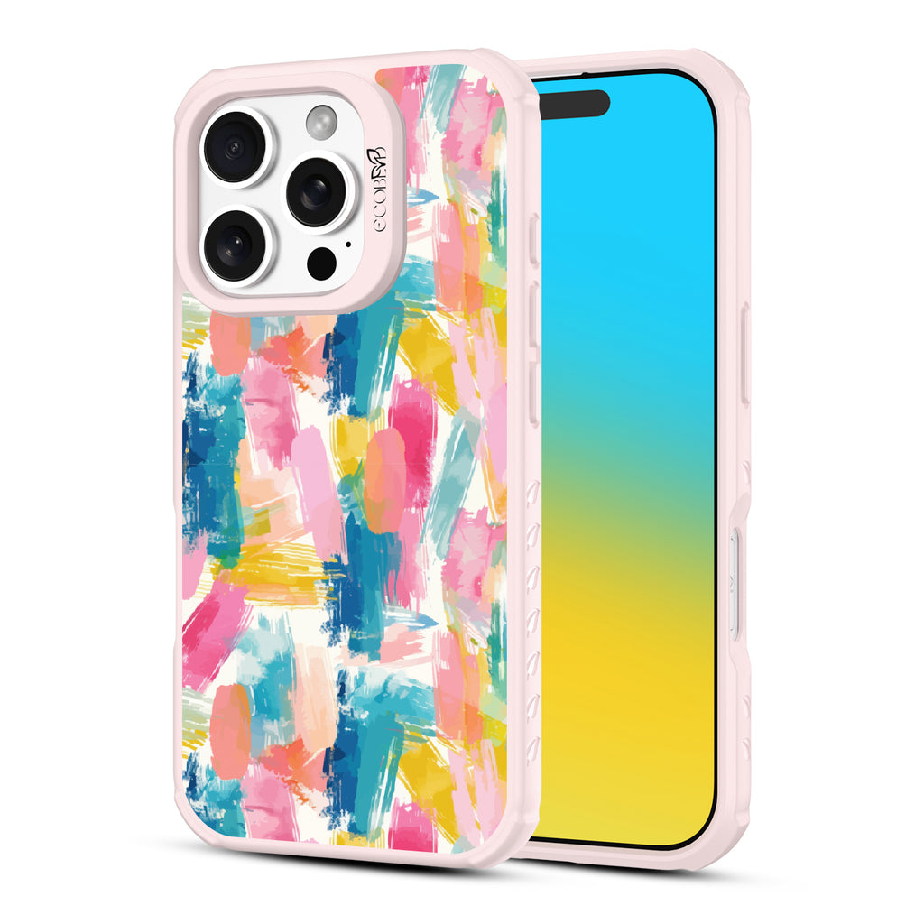 Front and back view of iPhone 16 Pro case, clear, sustainable phone case with pink ridges, Blurred Beauty  design