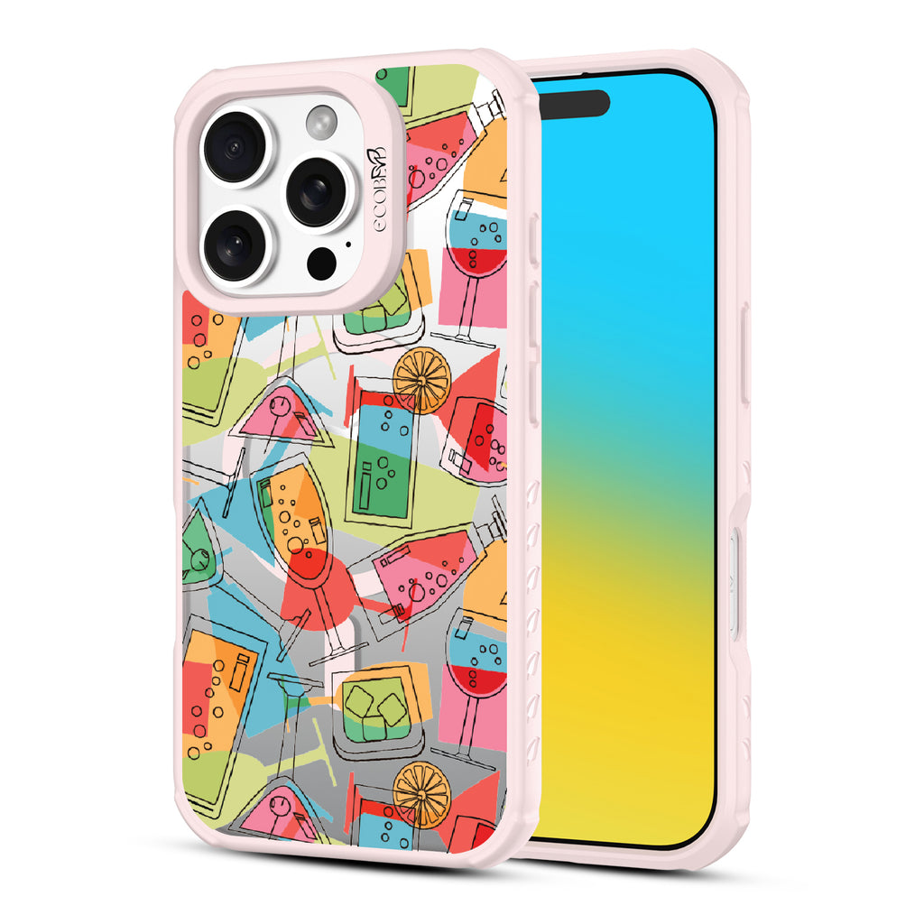 Front and back view of iPhone 16 Pro case, clear, sustainable phone case with pink ridges, 5 O'Clock Somewhere design