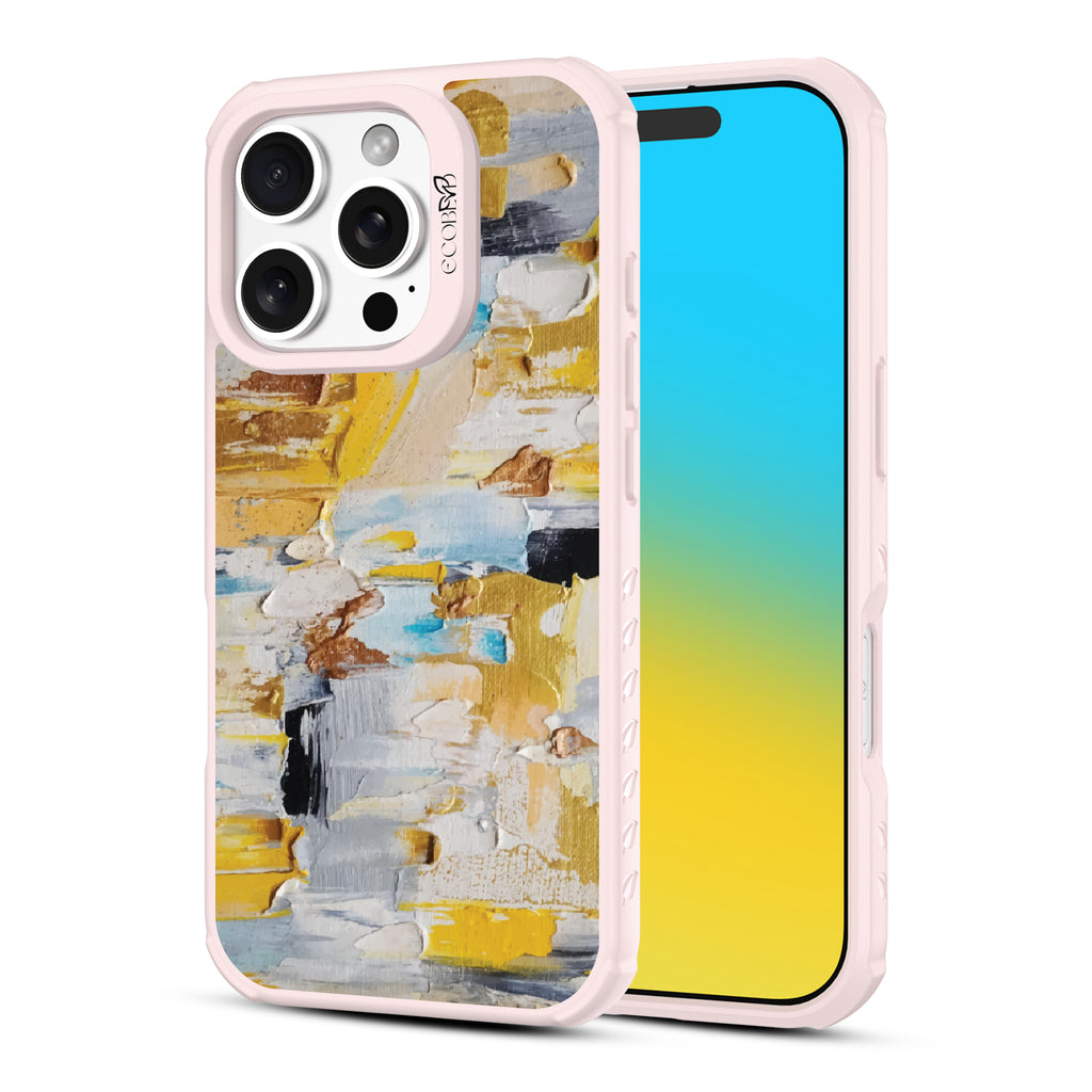 Front and back view of iPhone 16 Pro case, clear, sustainable phone case with pink ridges, Lighten Up design