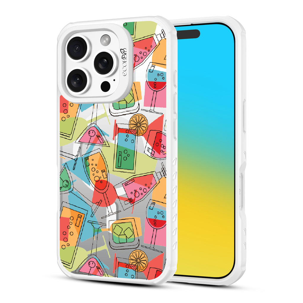 Front and back view of iPhone 16 Pro case, clear, sustainable phone case with white ridges, 5 O'Clock Somewhere design