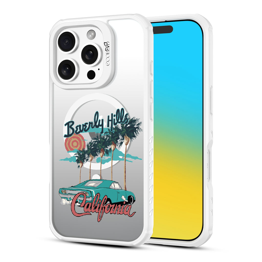 Front and back view of iPhone 16 Pro case, clear, sustainable phone case with white ridges, 90210 design