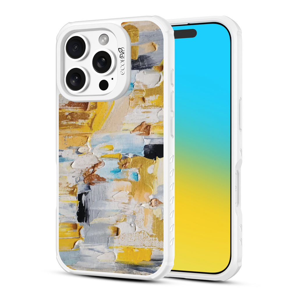 Front and back view of iPhone 16 Pro case, clear, sustainable phone case with white ridges, Lighten Up design