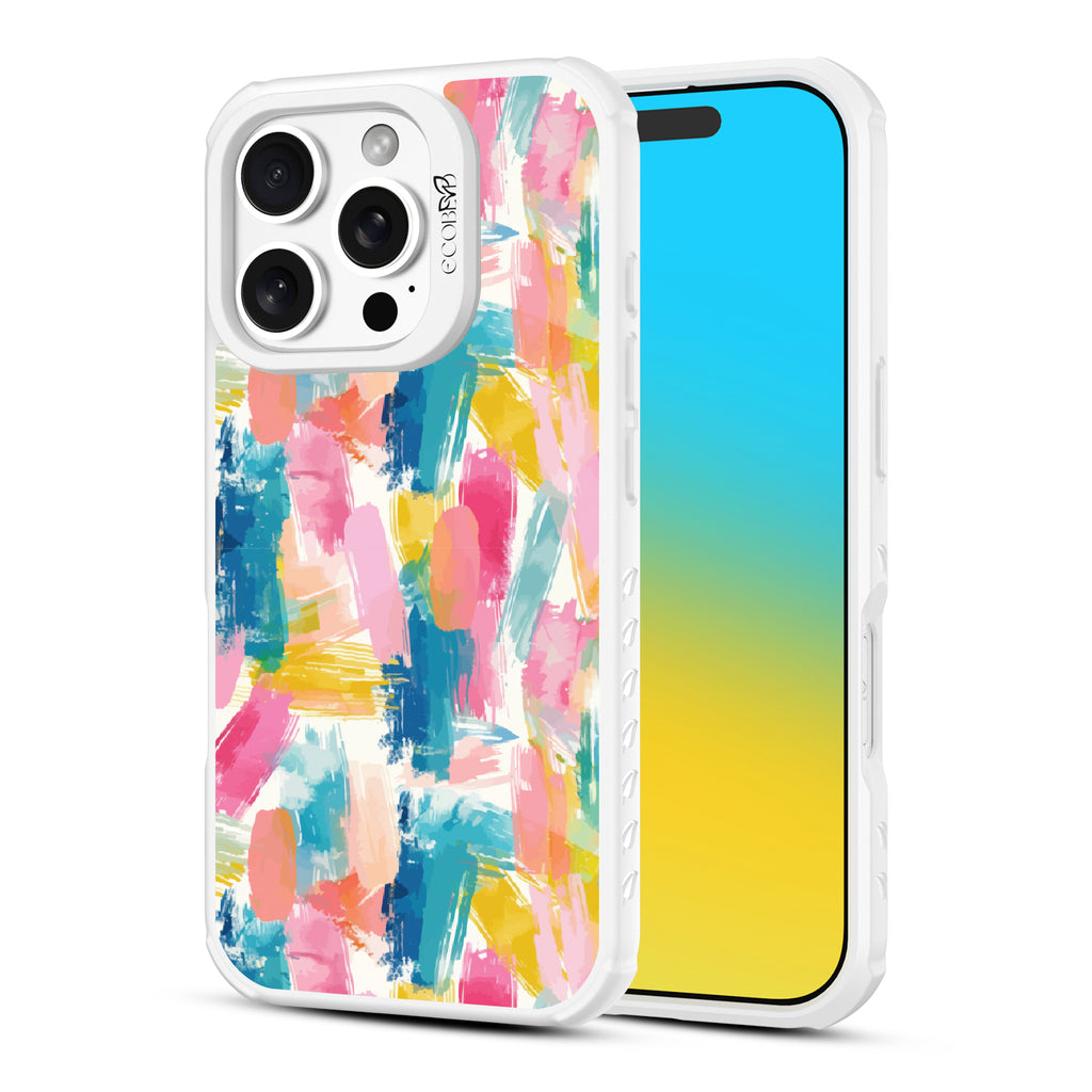 Front and back view of iPhone 16 Pro case, clear, sustainable phone case with white ridges, Blurred Beauty  design