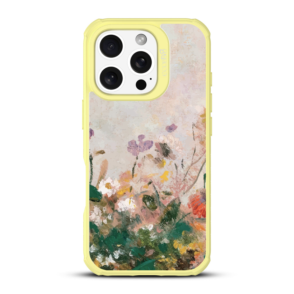 iPhone 16 Pro case, clear, sustainable phone case with yellow ridges, back view, Wild Grace design