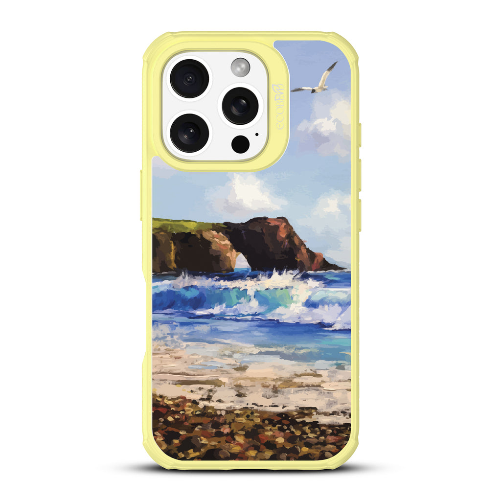 iPhone 16 Pro case, clear, sustainable phone case with yellow ridges, back view, Cliffhanger design