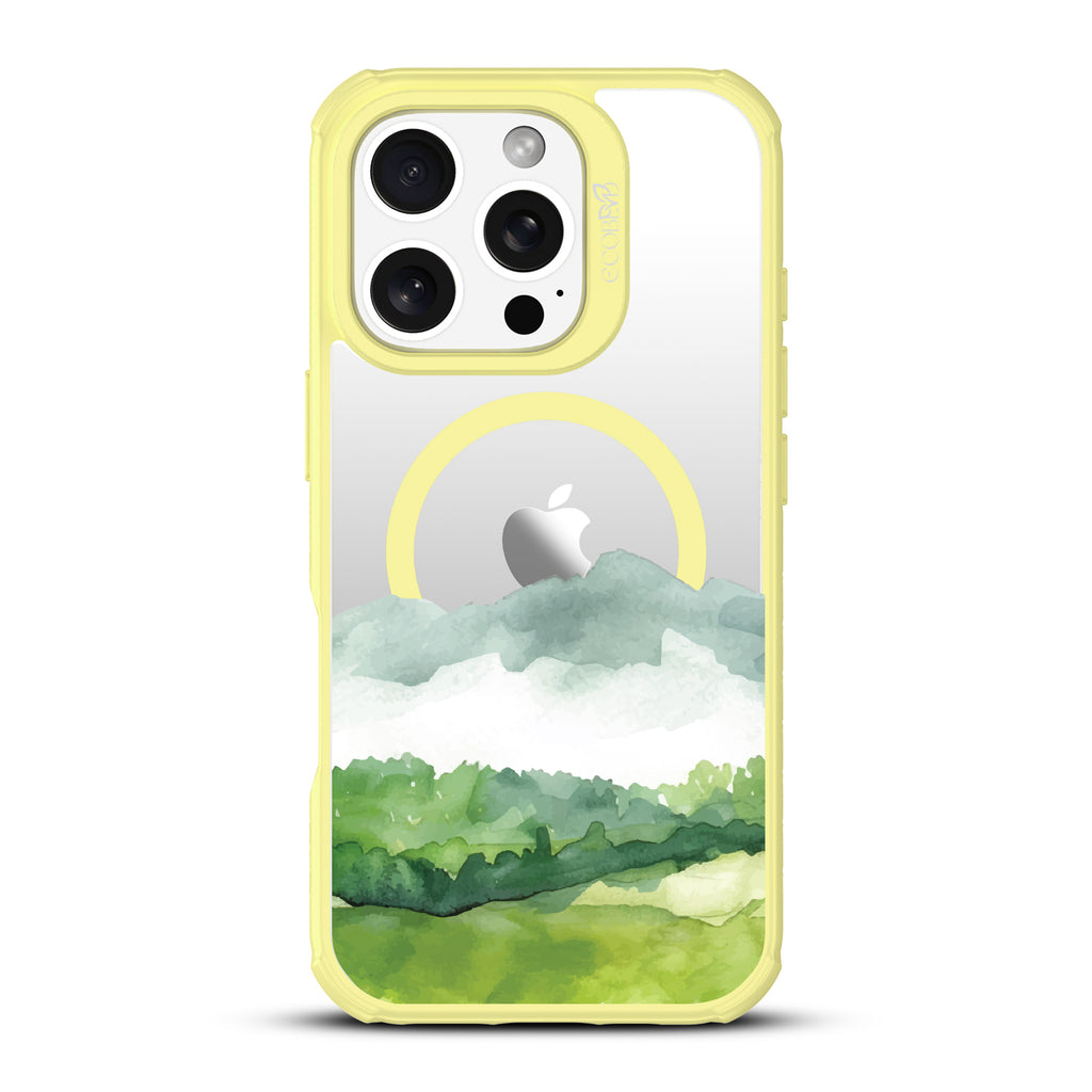 iPhone 16 Pro case, clear, sustainable phone case with yellow ridges, back view, Open Horizon design