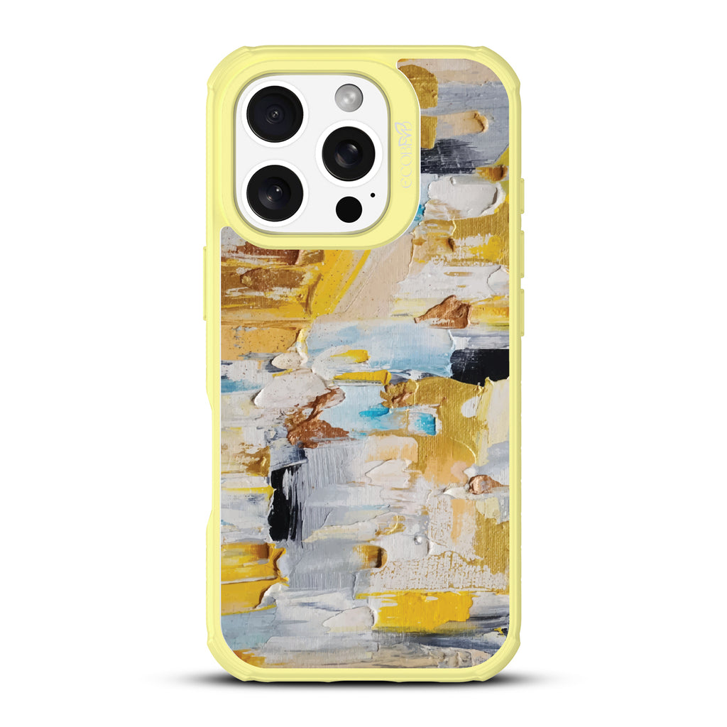 iPhone 16 Pro case, clear, sustainable phone case with yellow ridges, back view, Lighten Up design