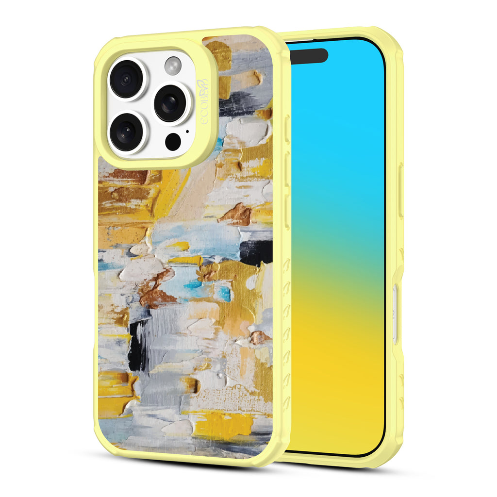 Front and back view of iPhone 16 Pro case, clear, sustainable phone case with yellow ridges, Lighten Up design