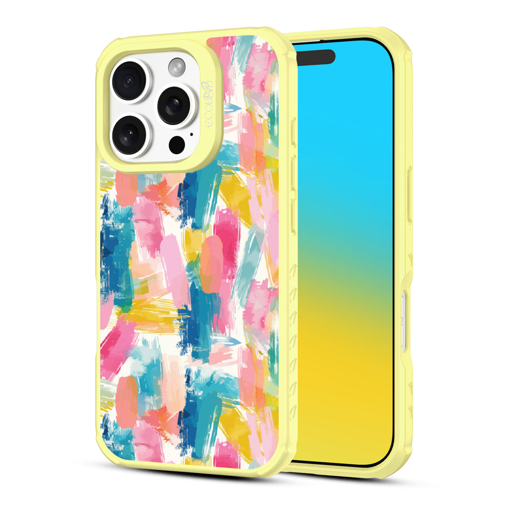 Front and back view of iPhone 16 Pro case, clear, sustainable phone case with yellow ridges, Blurred Beauty  design