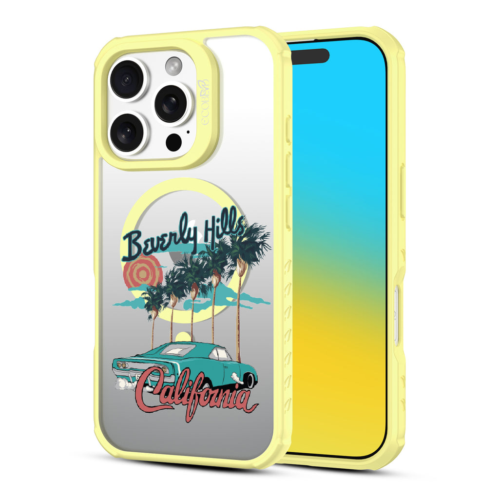 Front and back view of iPhone 16 Pro Max case, clear, sustainable phone case with yellow ridges, 90210 design