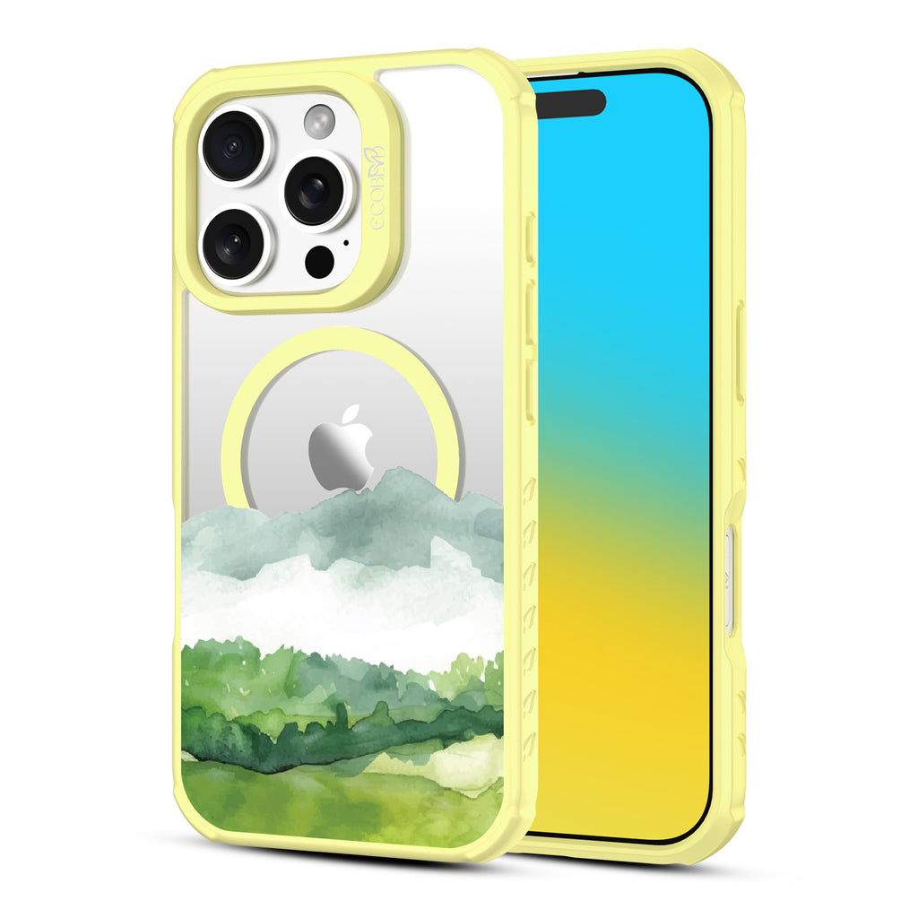 Front and back view of iPhone 16 Pro case, clear, sustainable phone case with yellow ridges, Open Horizon design