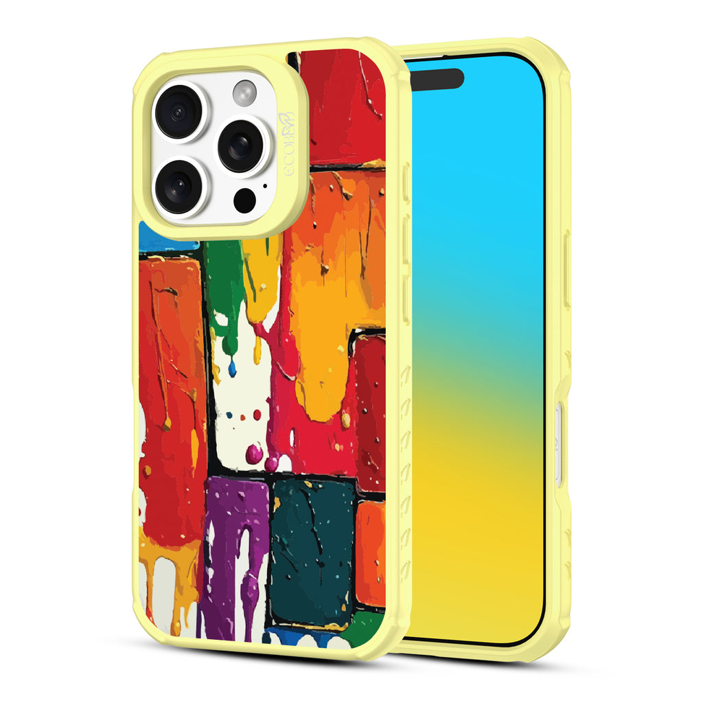 Front and back view of iPhone 16 Pro case, clear, sustainable phone case with yellow ridges, Color Me Mine design