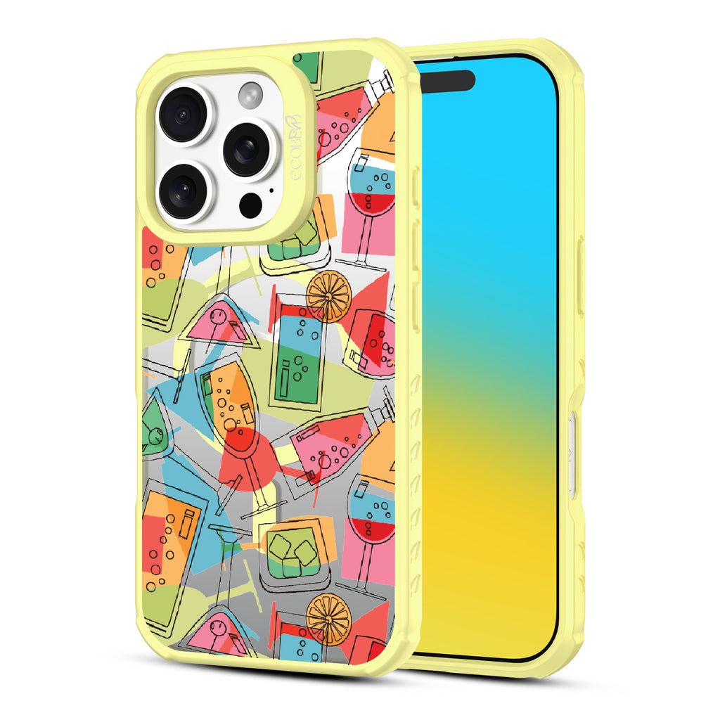 Front and back view of iPhone 16 Pro case, clear, sustainable phone case with yellow ridges, 5 O'Clock Somewhere design