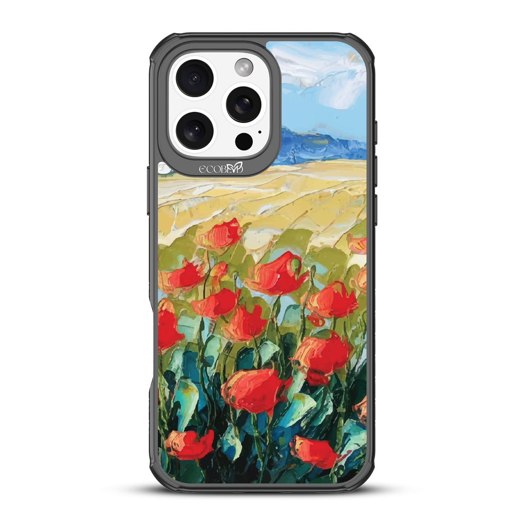 iPhone 16 Pro Max case, clear, sustainable phone case with black ridges, back view, Sleepy Bloom design
