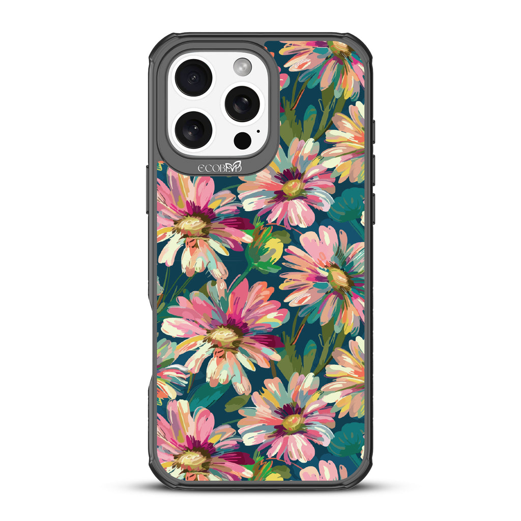 iPhone 16 Pro Max case, clear, sustainable phone case with black ridges, back view, Daisy Dusk design