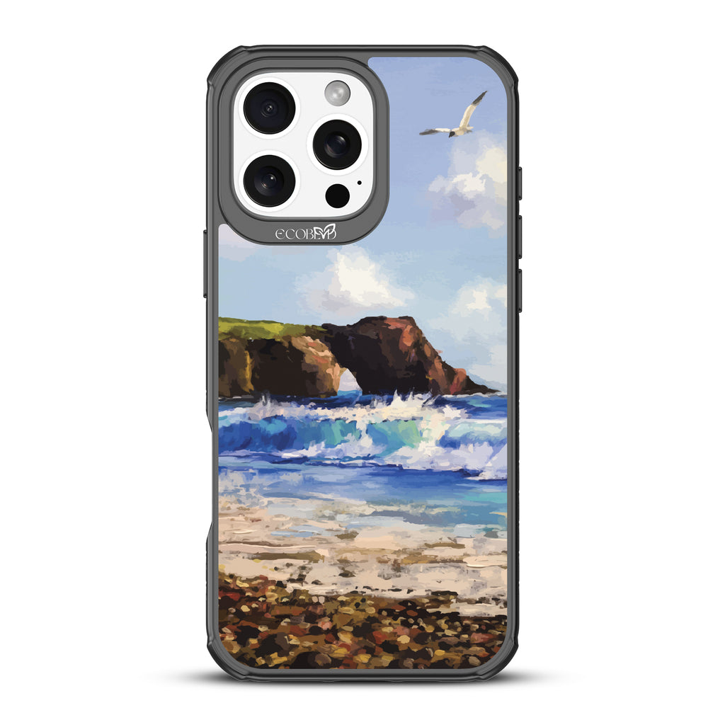 iPhone 16 Pro Max case, clear, sustainable phone case with black ridges, back view, Cliffhanger design