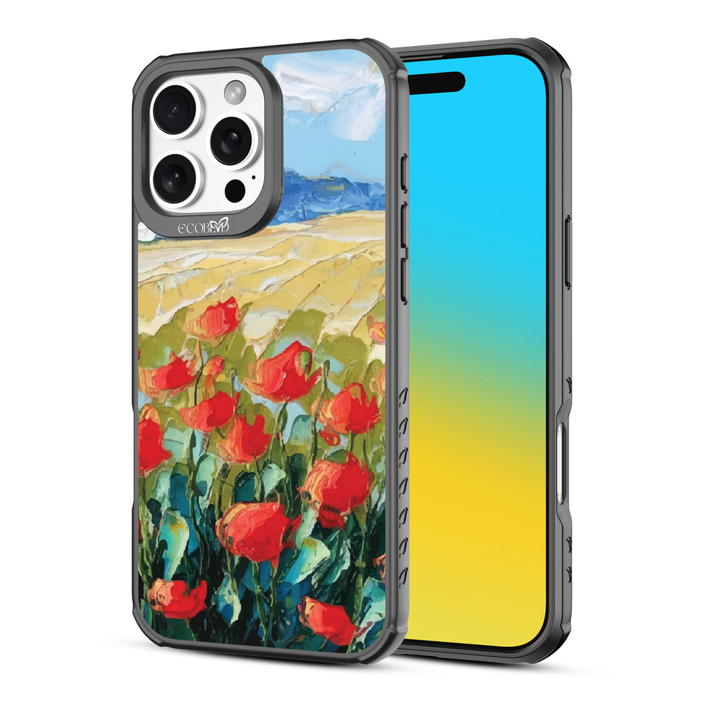 Front and back view of iPhone 16 Pro Max case, clear, sustainable phone case with black ridges, Sleepy Bloom design