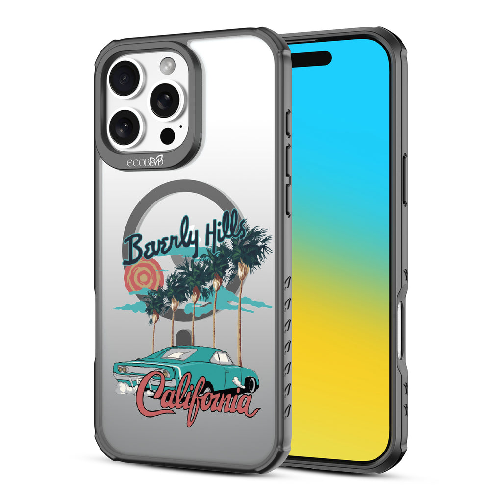 Front and back view of iPhone 16 Pro Max case, clear, sustainable phone case with black ridges, 90210 design