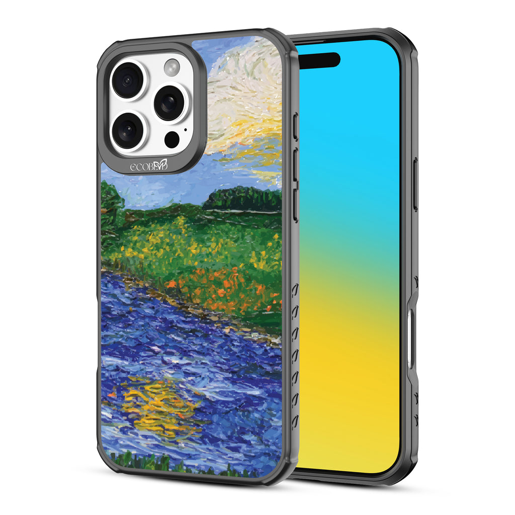 Front and back view of iPhone 16 Pro Max case, clear, sustainable phone case with black ridges, Field of Vision design