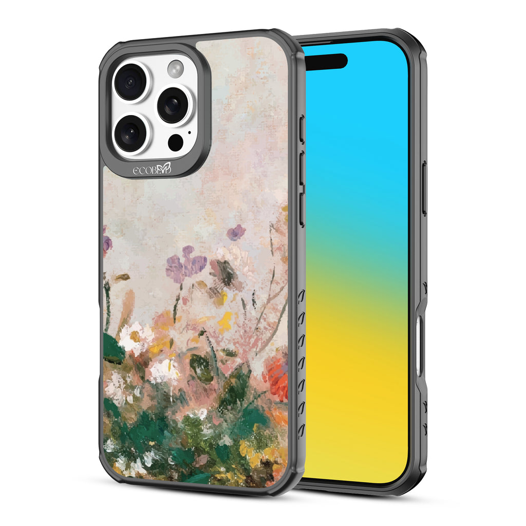 Front and back view of iPhone 16 Pro Max case, clear, sustainable phone case with black ridges, Wild Grace design