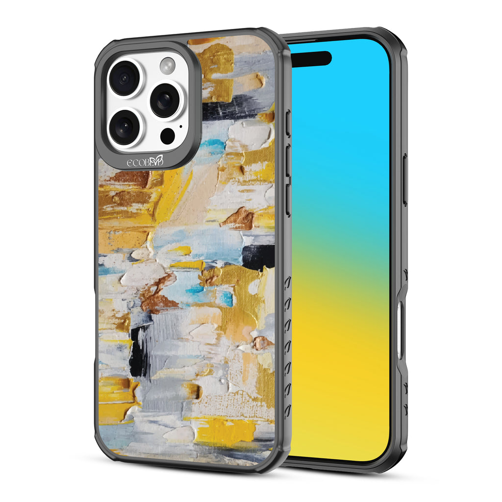 Front and back view of iPhone 16 Pro Max case, clear, sustainable phone case with black ridges, Lighten Up design