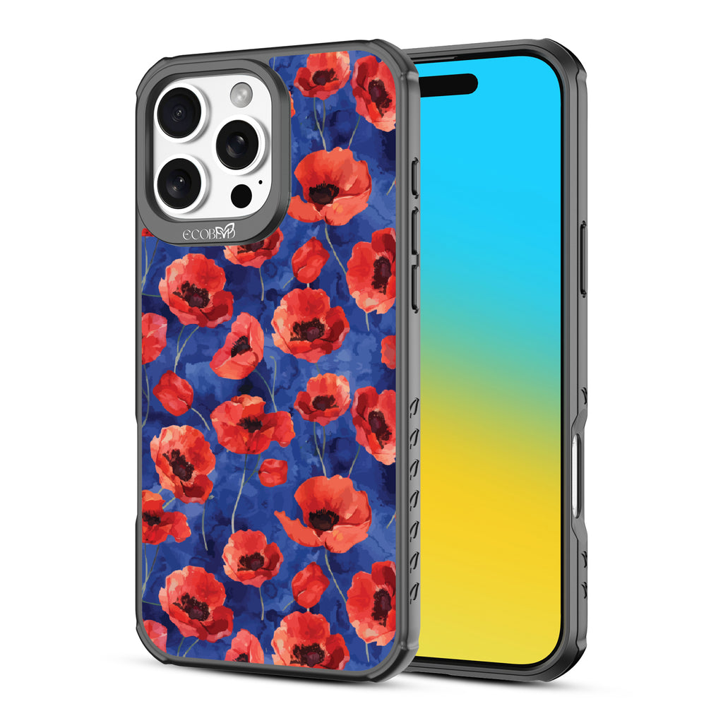 Front and back view of iPhone 16 Pro Max case, clear, sustainable phone case with black ridges, Dream Bouquet design