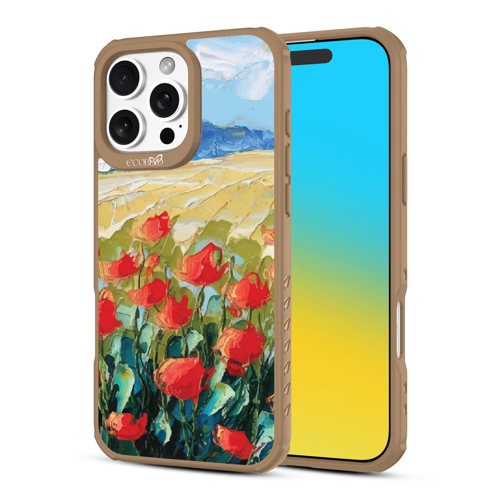 Front and back view of iPhone 16 Pro Max case, clear, sustainable phone case with brown ridges, Sleepy Bloom design