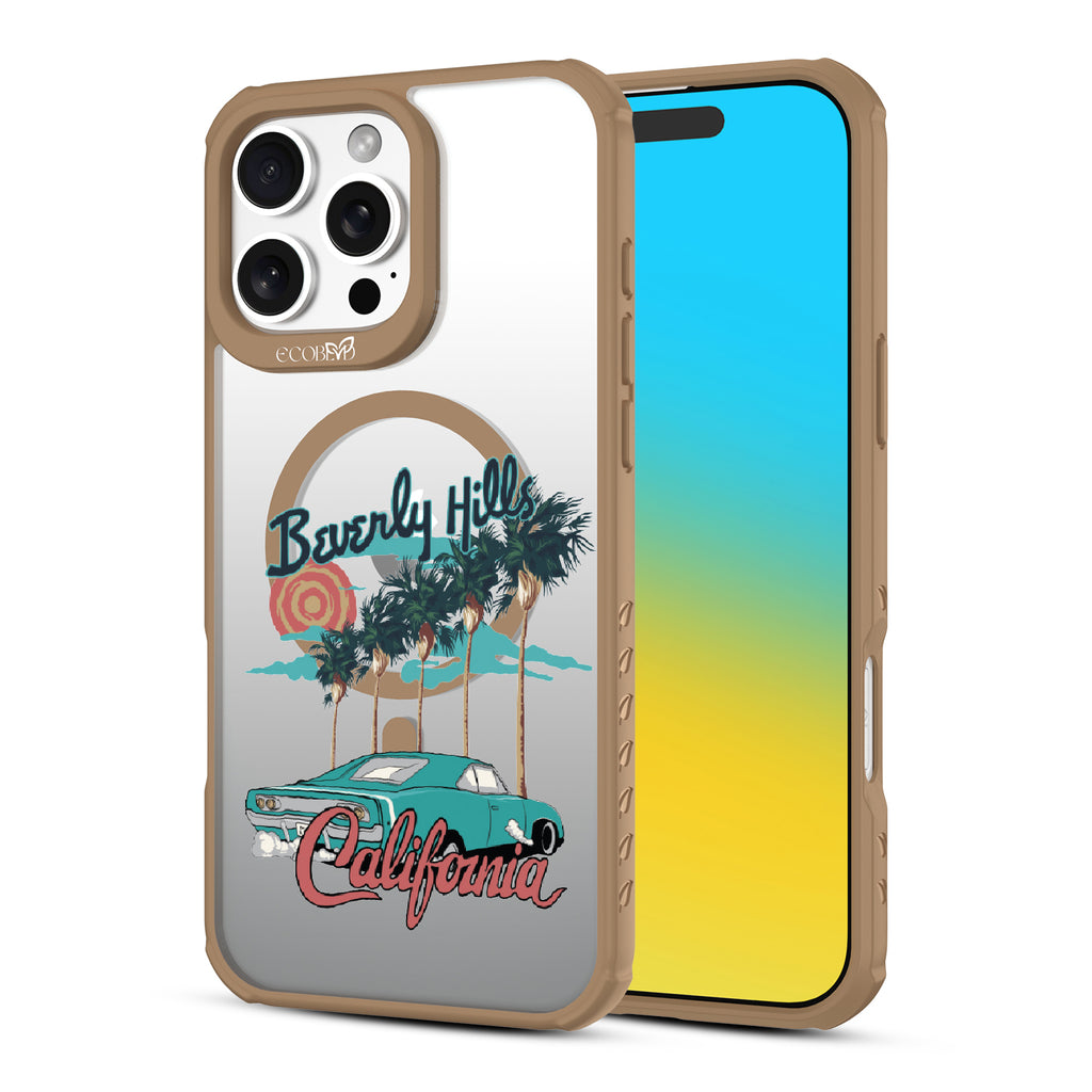 Front and back view of iPhone 16 Pro Max case, clear, sustainable phone case with brown ridges, 90210 design