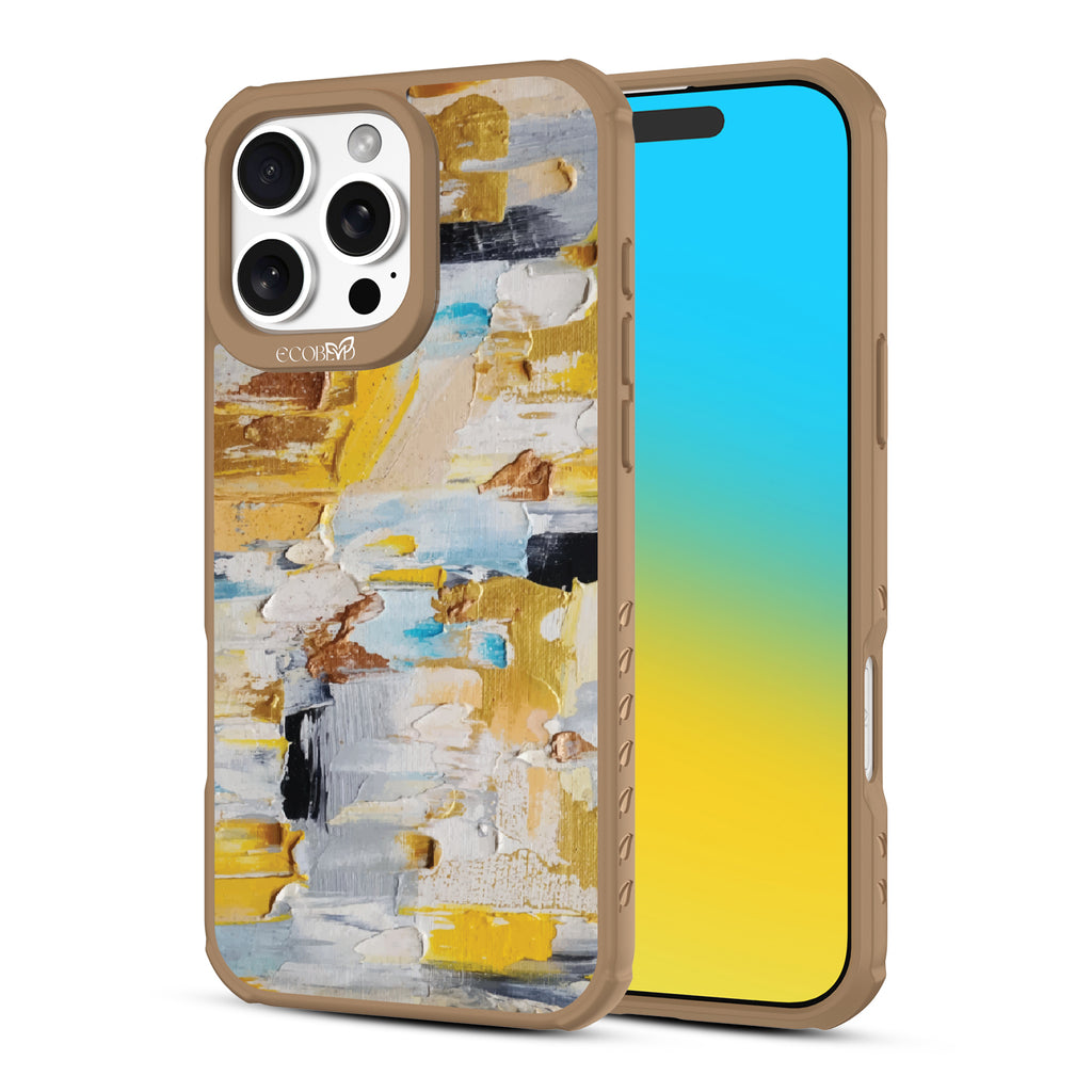 Front and back view of iPhone 16 Pro Max case, clear, sustainable phone case with brown ridges, Lighten Up design