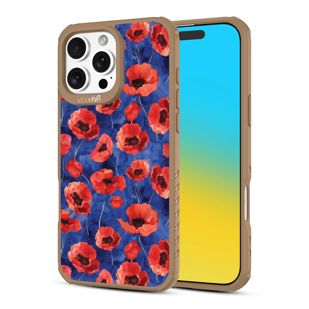 Front and back view of iPhone 16 Pro Max case, clear, sustainable phone case with brown ridges, Dream Bouquet design