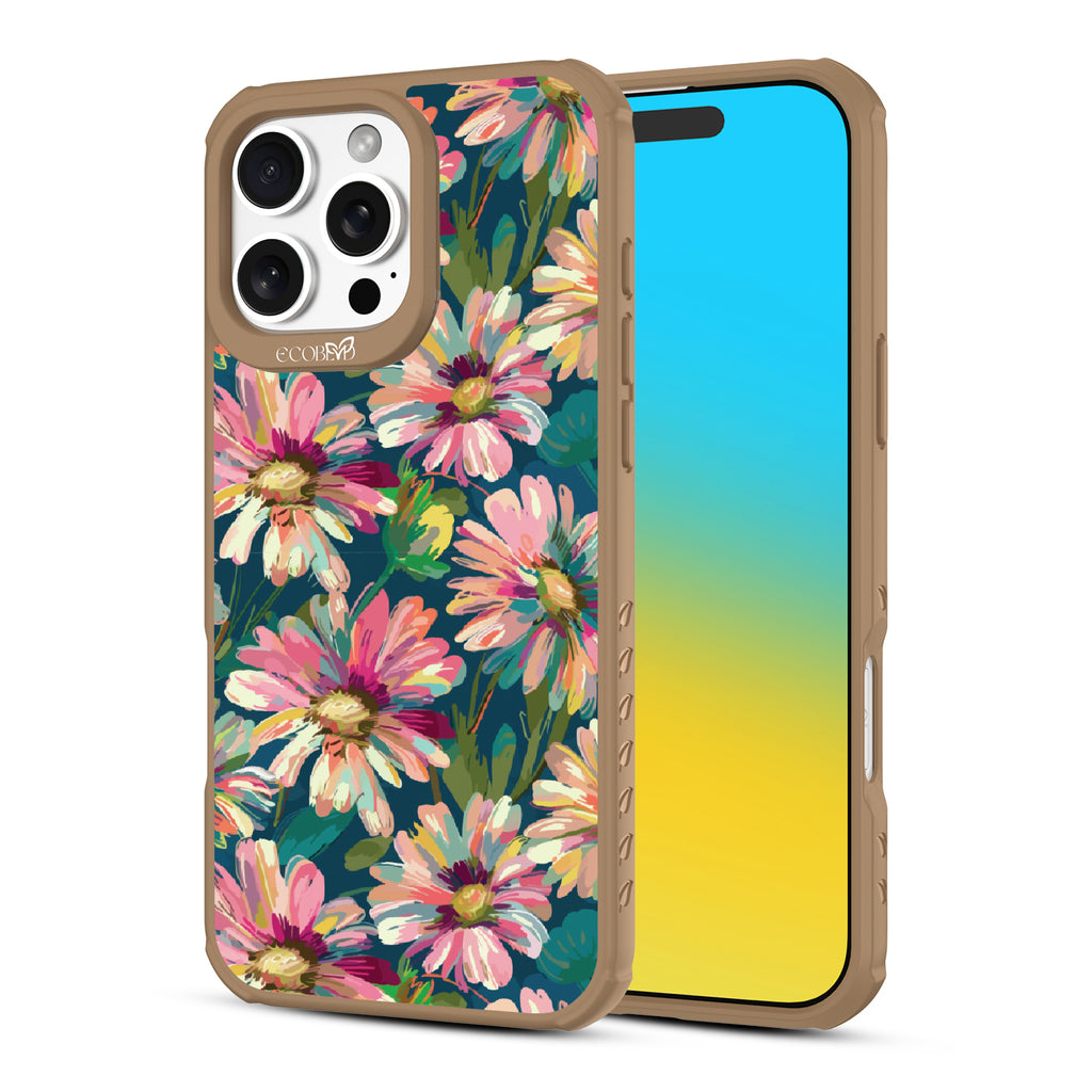 Front and back view of iPhone 16 Pro Max case, clear, sustainable phone case with brown ridges, Daisy Dusk design