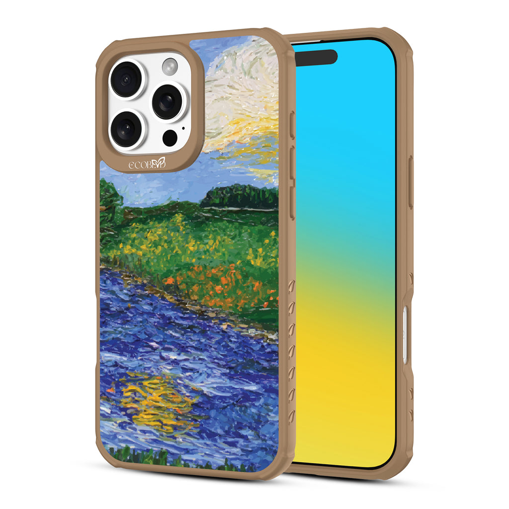 Front and back view of iPhone 16 Pro Max case, clear, sustainable phone case with brown ridges, Field of Vision design