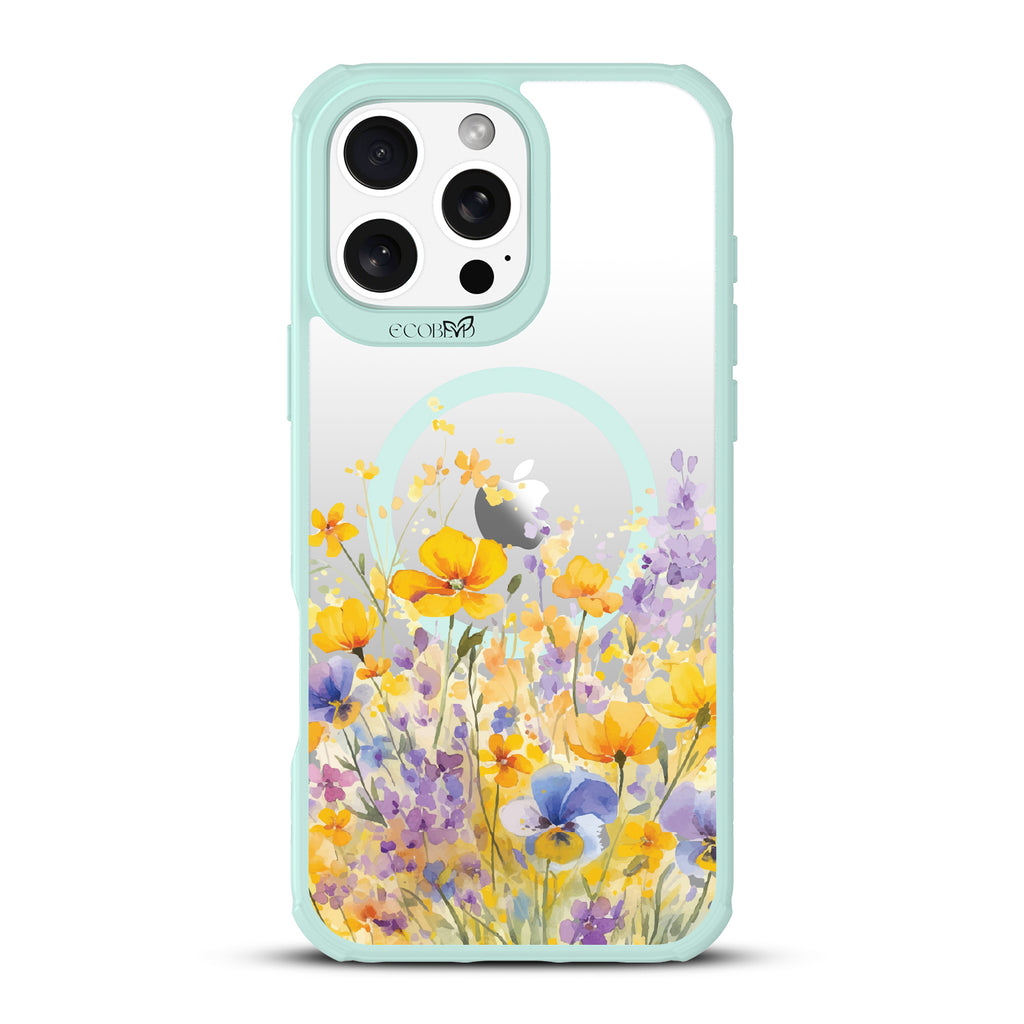 iPhone 16 Pro Max case, clear, sustainable phone case with green ridges, back view, Meadowlight design