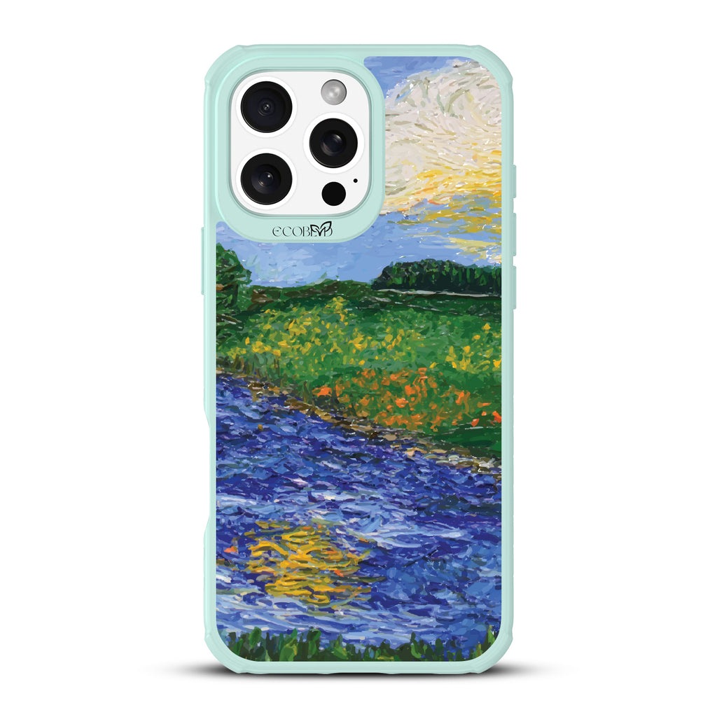 iPhone 16 Pro Max case, clear, sustainable phone case with green ridges, back view, Field of Vision design